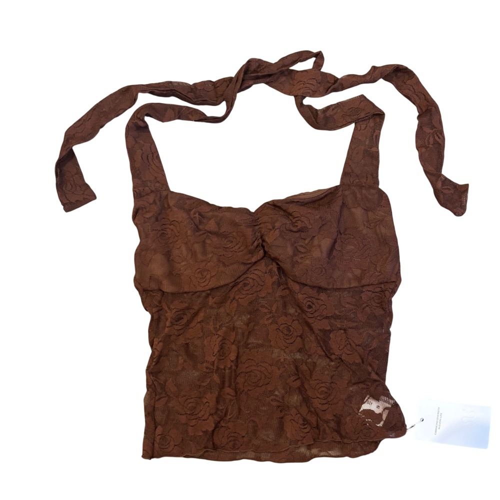 REORIA Floral Lace Halter Top Women Small‎ Brown Sheer Ruched Bust